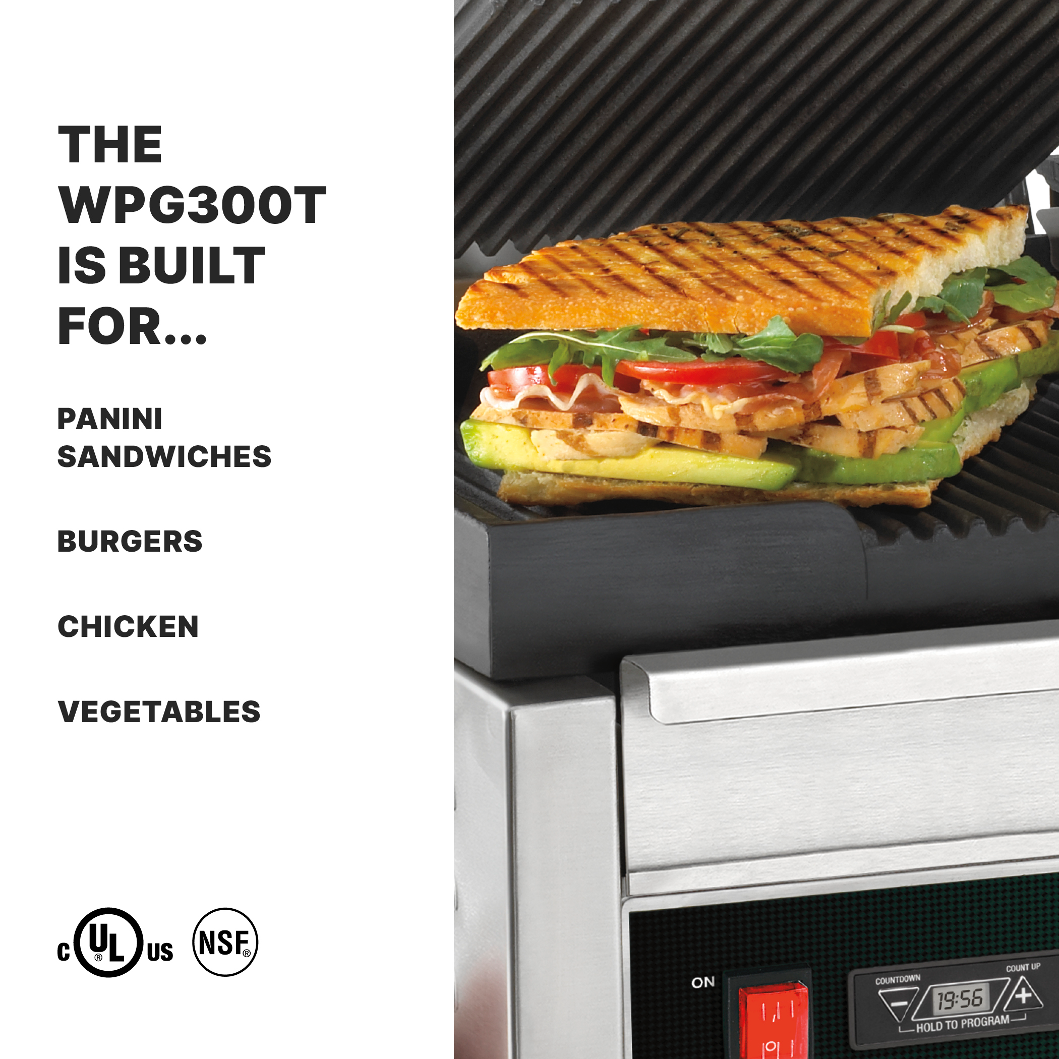 Double Ribbed Panini Grill with Timer, 17" x 9.5"